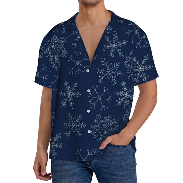 Fotbe Snowflake Dark Blue Camisa Estampada de Manga Corta para Hombre, Casual de Verano, Estilo Playero, Sin Arrugas-Large