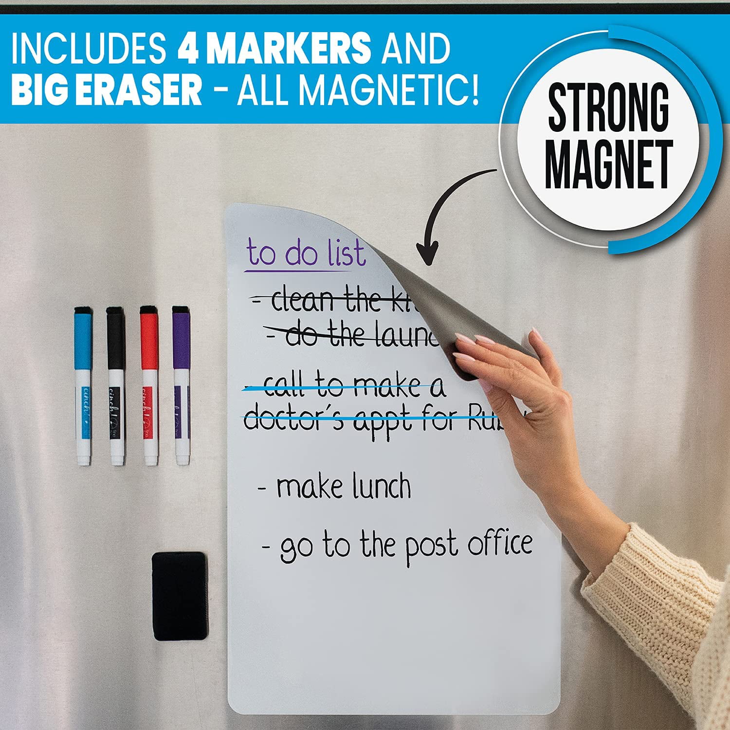 Cinch Magnetic Dry Erase Weekly Calendar for Fridge: with Stain Resistant  Technology - 17x12 - 4 Fine Tip Markers and Large Eraser with Magnets 