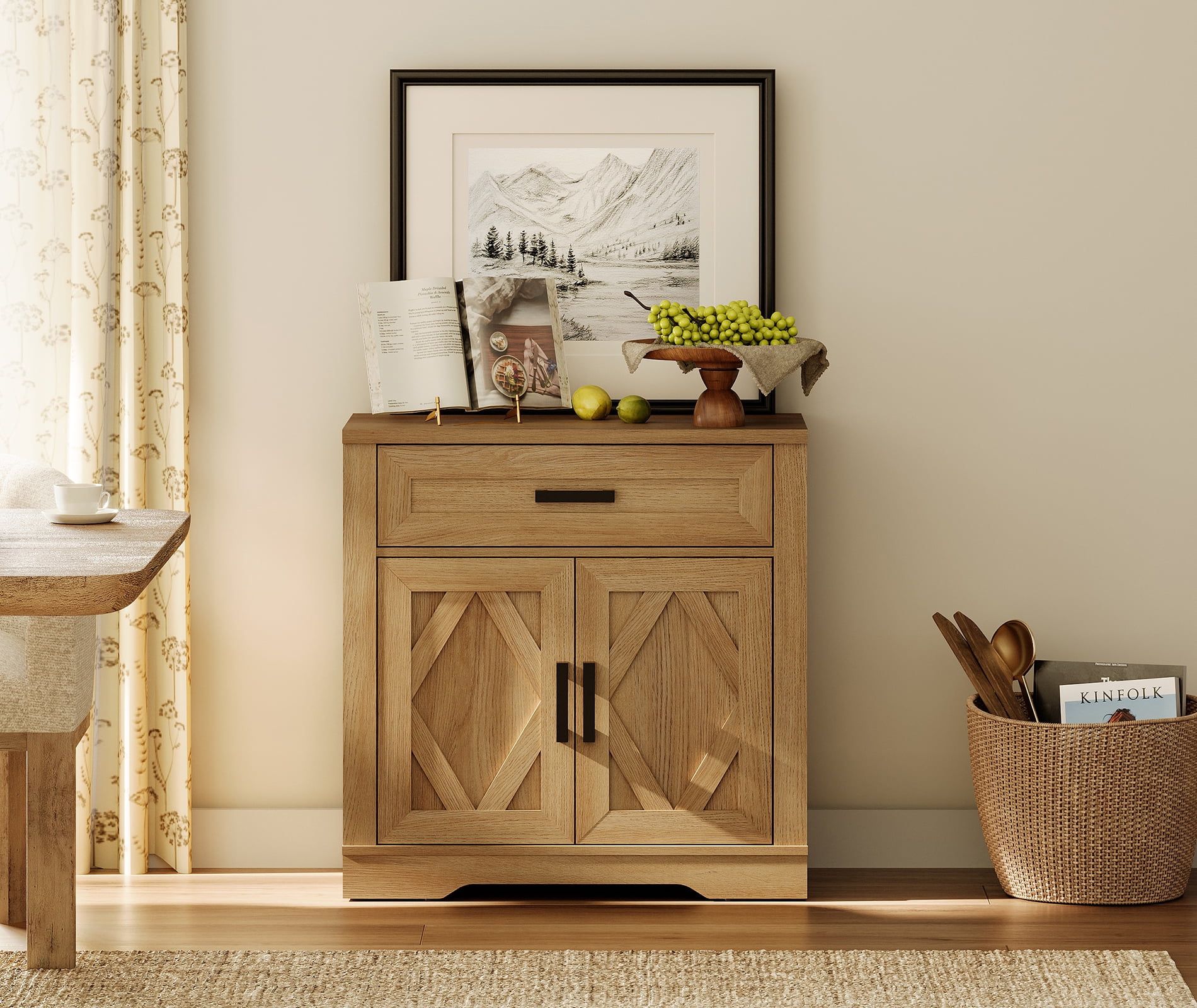 WAMPAT 31.5"W Farmhouse Buffet Sideboard with Barn Doors, Drawer & Storage, Light Oak