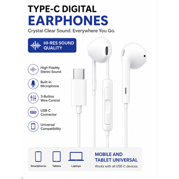 USB-C Wired Earbuds with Microphone, Volume Control & Noise Reduction for Android Phones, Tablets & Laptops