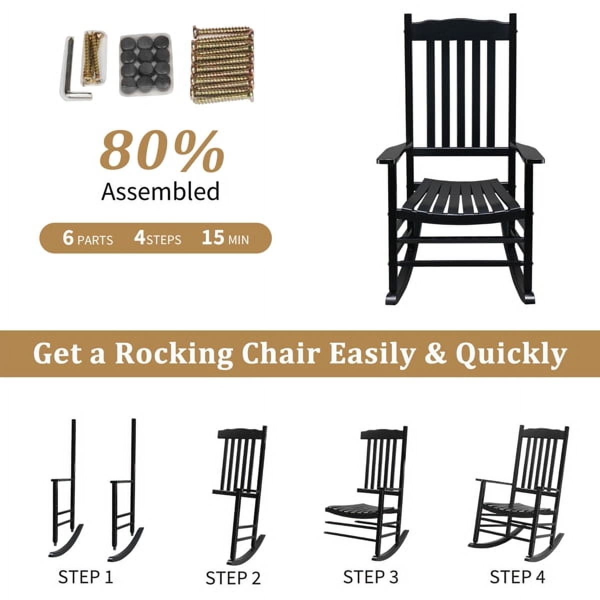 Black Square Wooden Rocking Chair with Solid Wood Frame, Indoor/Outdoor Stable Rocker for Patio, Porch & Living Room
