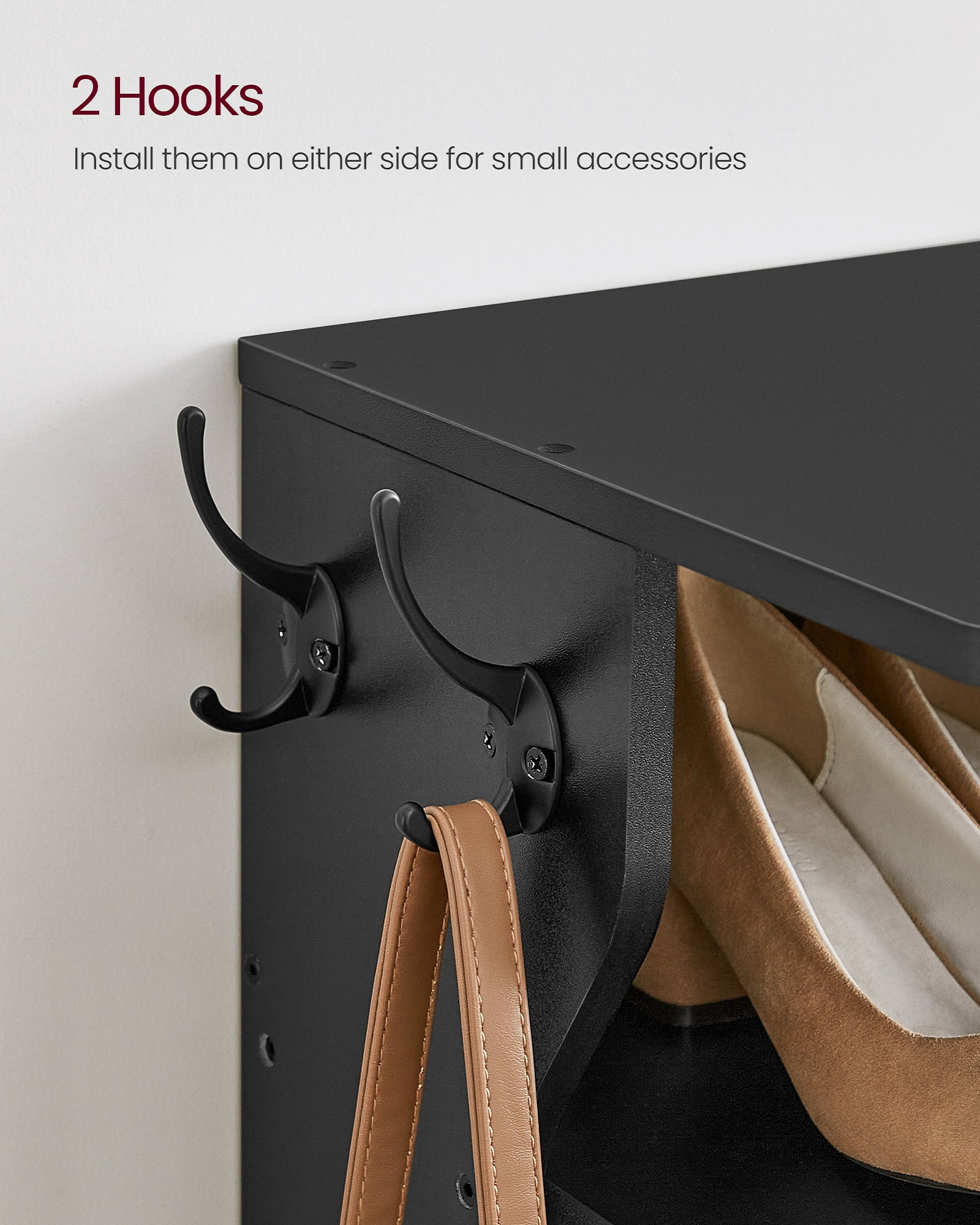 VASAGLE 7 Tier Shoe Rack, Narrow Shoe Storage Organizer with Hooks, Slim Wooden Corner Shoe Tower Rack, Robust and Durable, Space Saving, Black