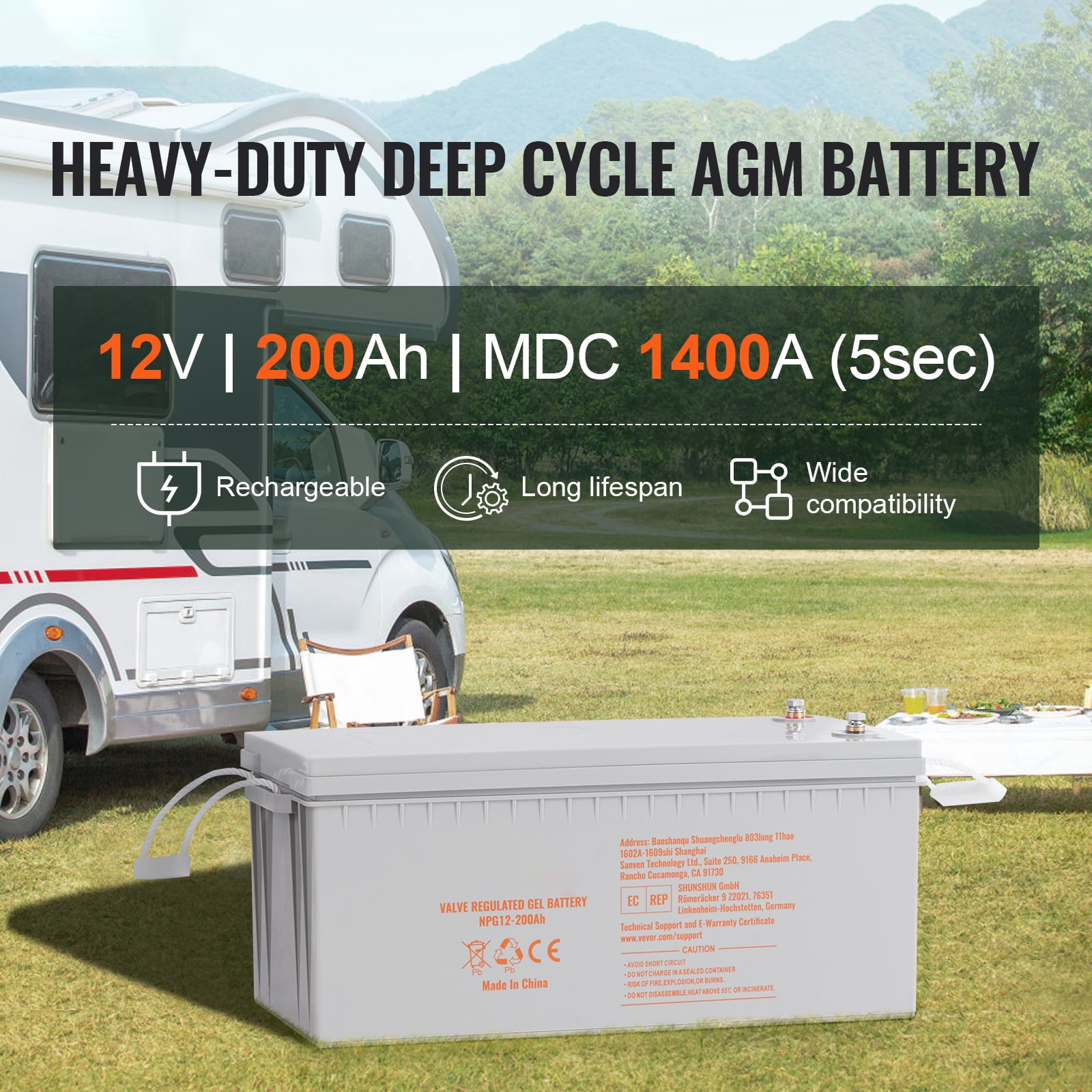 KFFKFF Deep Cycle AGM Battery 12V 200 AH 1400A Max Discharge Current, Safe Charge Most Home Appliances for RV, Solar and off-grid Applications, Marine Rechargeable Battery UL Certified