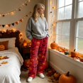 thumbnail image 4 of Hearthz Flannel Pajama Pants Women Ghost Pumpkin Bat Print Flannel Fuzzy Pajama Pants Drawstring Elastic Waist Wide Leg Pj Bottoms Pants, 4 of 6