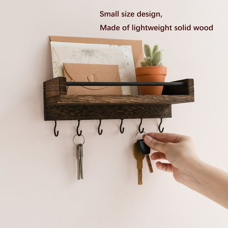 Mkono Key Holder for Wall Small Wood Floating Shelf with 6 Hooks Key Hanger