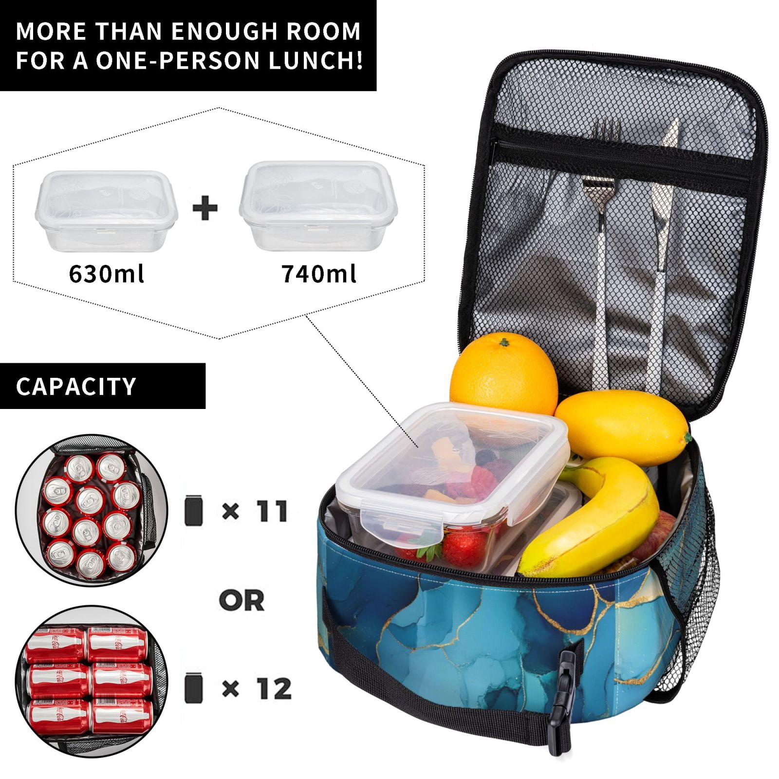 Lunch Bag For Women Men Insulated Portable Lunch Box Bento Box Office Picnic Travel Cooler Bag Blue And Gold Marble