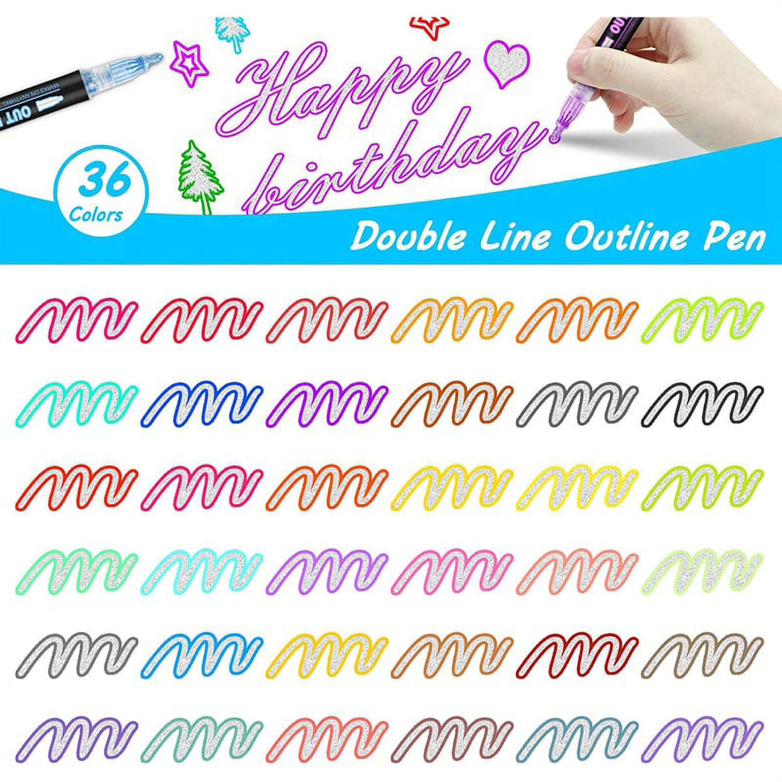 Double Line Outline Markers, 36 Colors Super Squiggles Shimmer Outline Marker Pen Set, Self Outline Metallic Markers