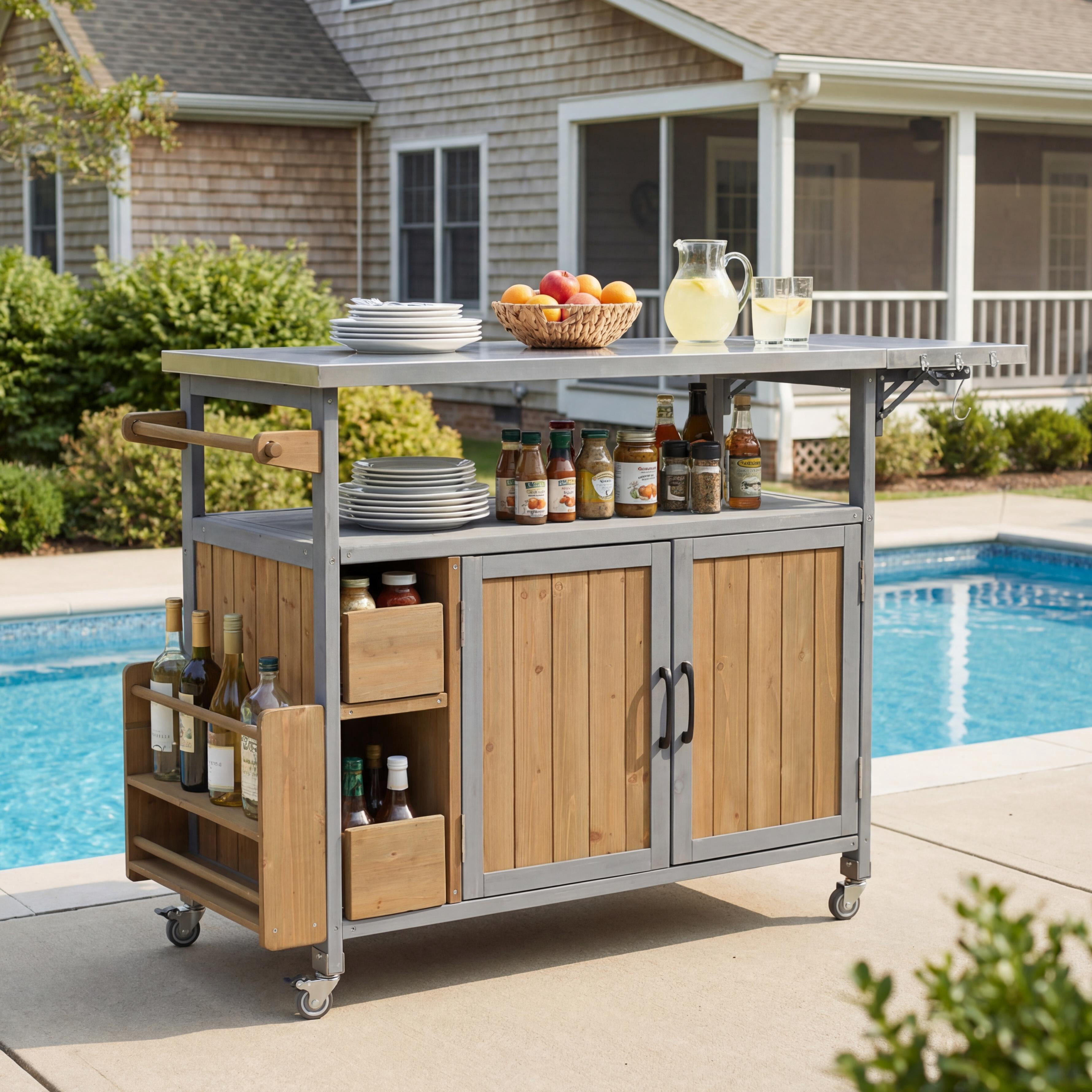 Rolling Kitchen Cart, 54.33 Inch Farmhouse Outdoor Serving Cart for Patio Backyard BBQ, Black
