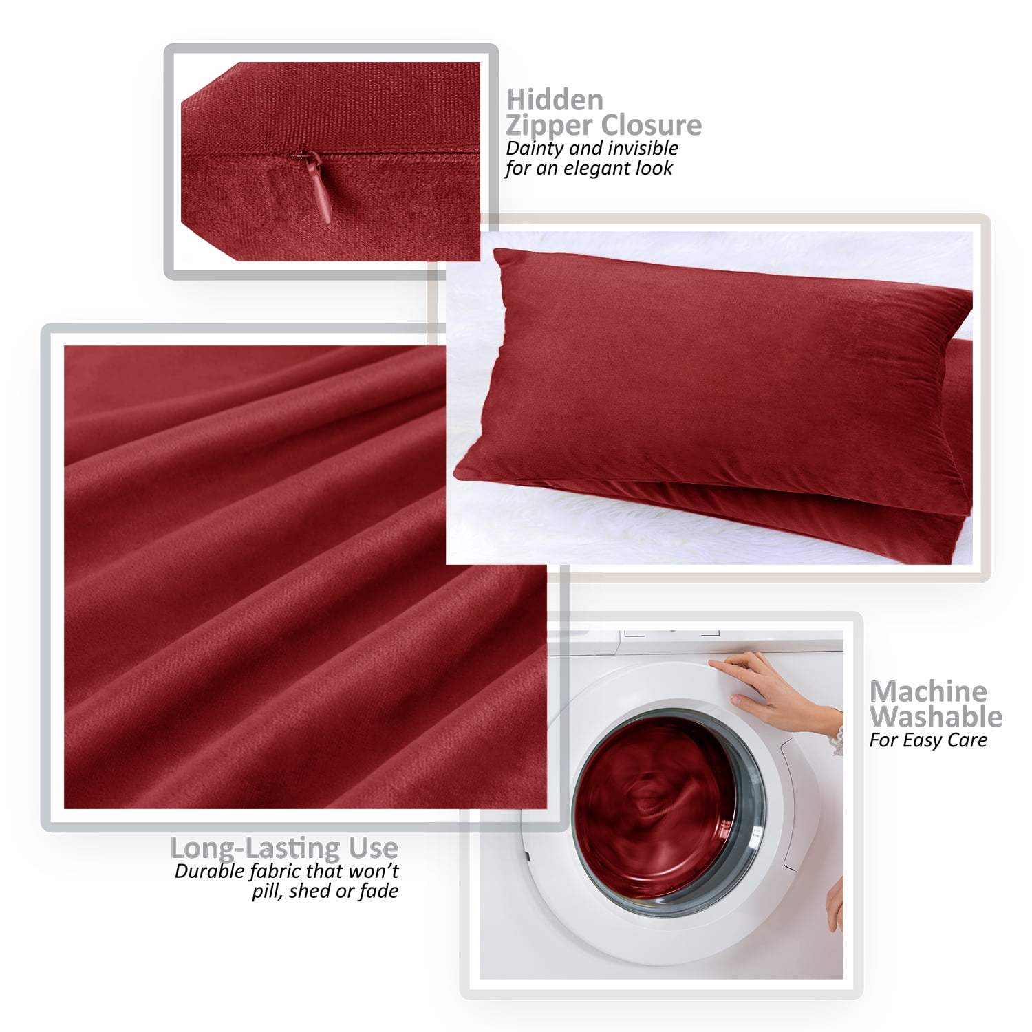 Clara Clark Plush Solid Decorative Microfiber Square Throw Pillow Cover with Throw Pillow Insert for Couch, Cherry Red, 16"x16"", 4 Piece Decorative Soft Throw Pillow Set