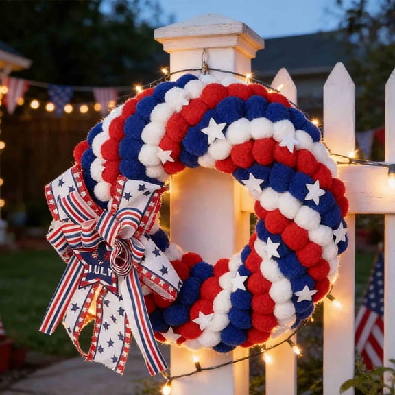 Deeceymbur 15 Inch Fourth July Patriotic Wreath Door Hanger USA Flag Themed Wall Decor for Front Porch Outdoor Farmhouse Foam Independence Day Hanging Home Celebration