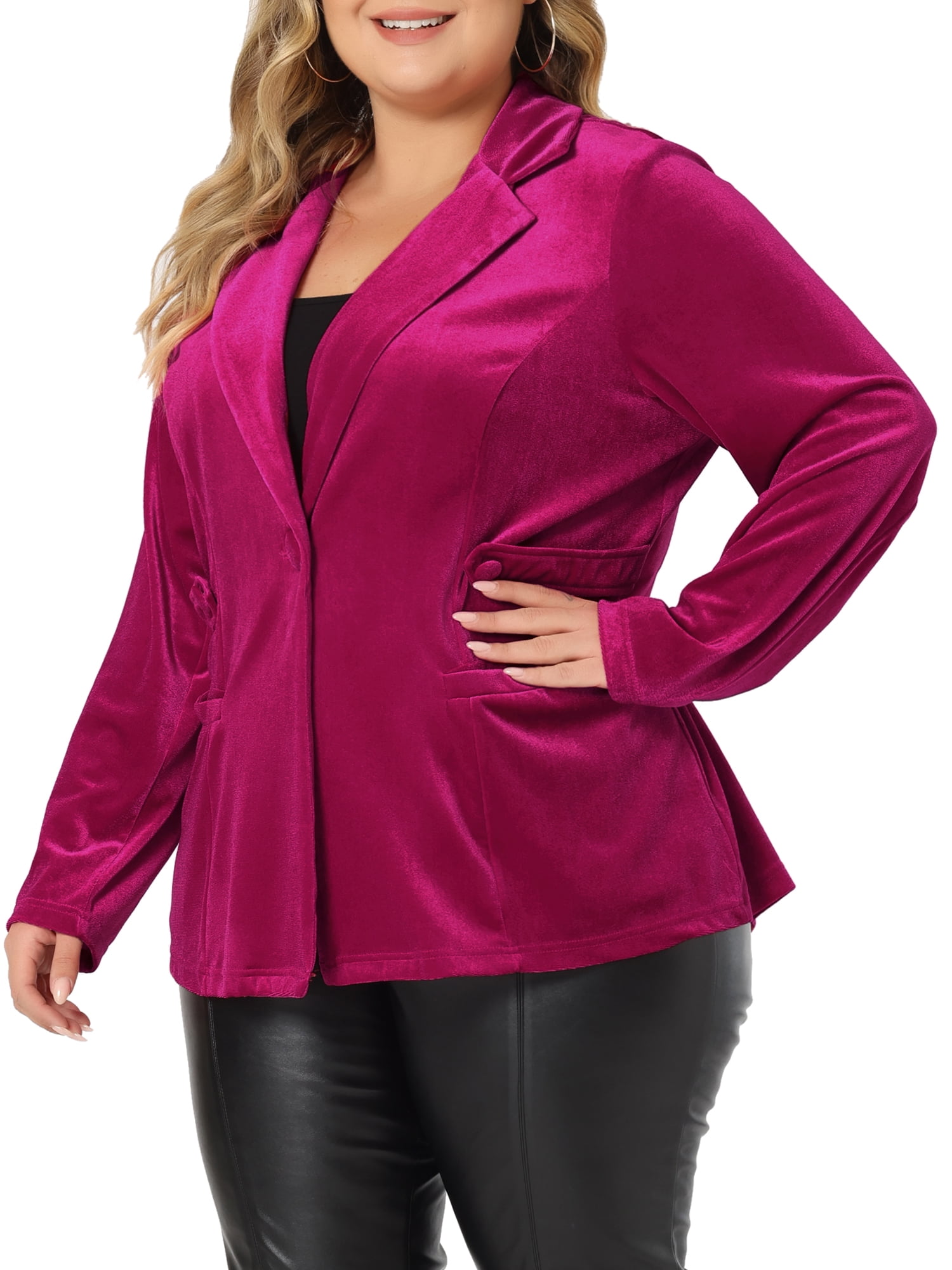 Unique Bargains Women's Plus Size Velvet V Neck Button Notched Lapel Peplum Blazer