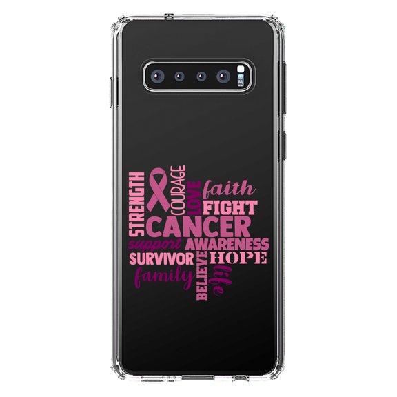 DistinctInk Clear Shockproof Hybrid Case for Samsung Galaxy S10  PLUS (6.4" Screen) - TPU Bumper Acrylic Back Tempered Glass Screen Protector - Pink Ribbon Cancer - Word Art