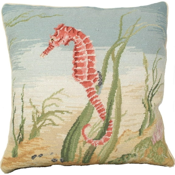 Throw Pillow Needlepoint Sea Horse 18x18 Beige Wool Polly Insert Cotton Ve MH-77