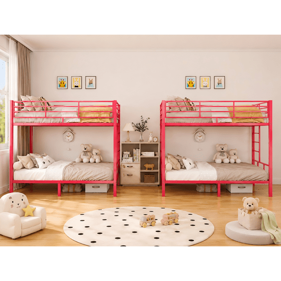 Zimtown Twin over Twin Steel Set of 2 Bunk Beds Frame,14.8" Height Guardrail, Bedroom Dorm Room, PinK