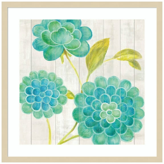 Amanti Art Aqua Blooms on Wood II Wood Framed Wall Art Print