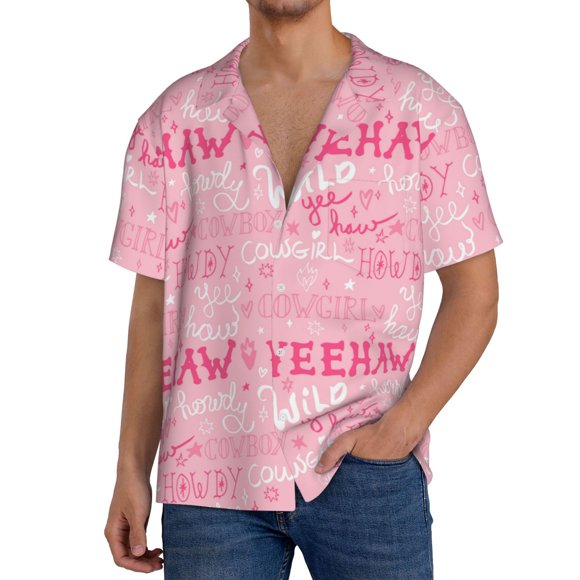 Saiise Western Cowgirl Print Men's Casual Plaid Button-Down Shirt, Short Sleeve Dress Shirt with Pocket, Ideal for Work or Everyday Wear-Large