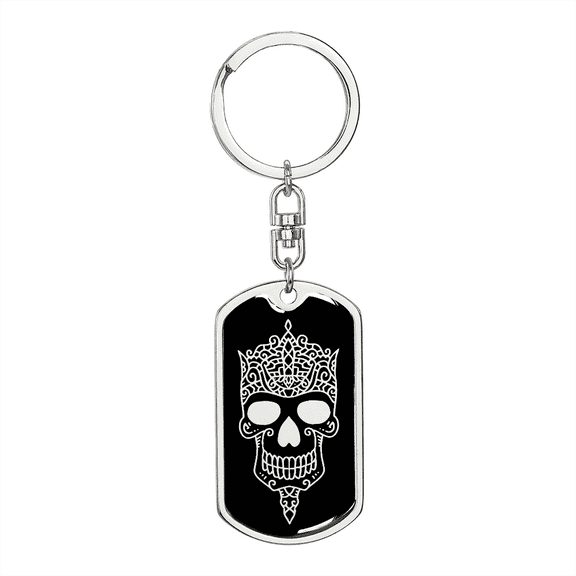 Calavera Mexican Sugar Skull 84 Stainless Steel or 18k Gold Premium Swivel Dog Tag Keychain