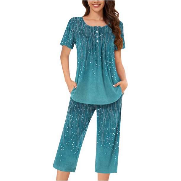 Sexy Pijama Conjunto para las Mujeres, Cuello Redondo Blusa de Manga Corta Y Pantalones, Traje de Moda Casual