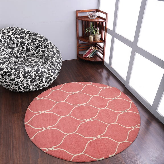 Rugsotic Carpets Hand Tufted Wool Eco-Friendly 8'x8' Area Rugs Round Light Red Beige Geometric Modern High Pile Thick Handmade Anti Skid Indoor Rug for Living Room, Bedroom K01004