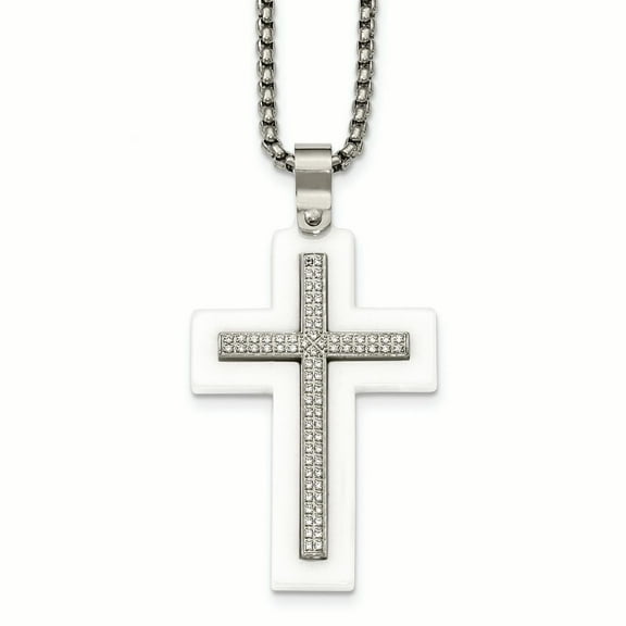 Stainless Steel Polished White Ceramic w/CZ Cross 23.75in Necklace