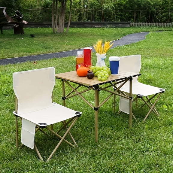3-Piece Portable Camping Set - Khaki Folding Table & White Chair with Storage Bag - Lightweight for Outdoor Use