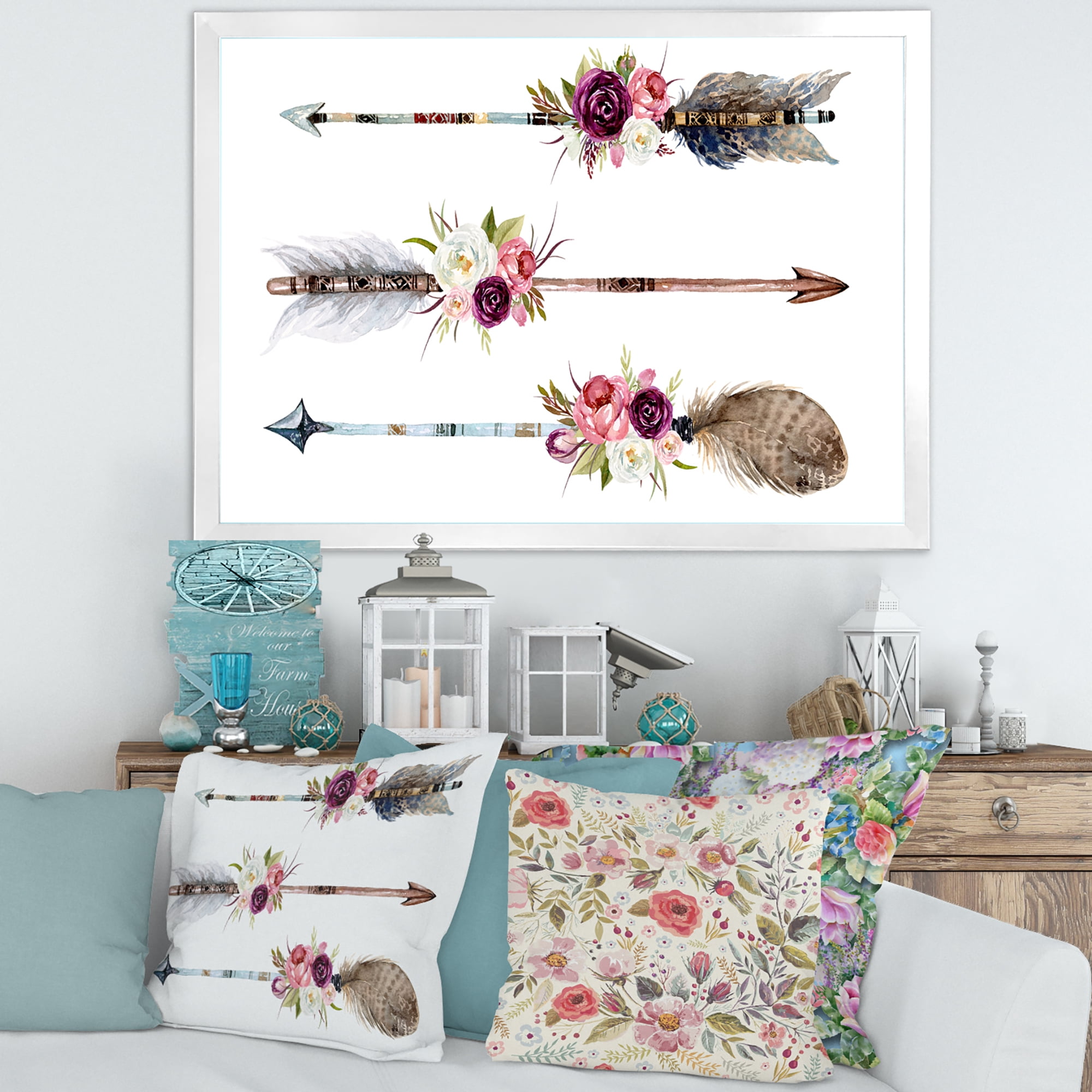 Designart 'Flowers and Ethnic Feathers On Native Arrows III' Bohemian & Eclectic Framed Art Print