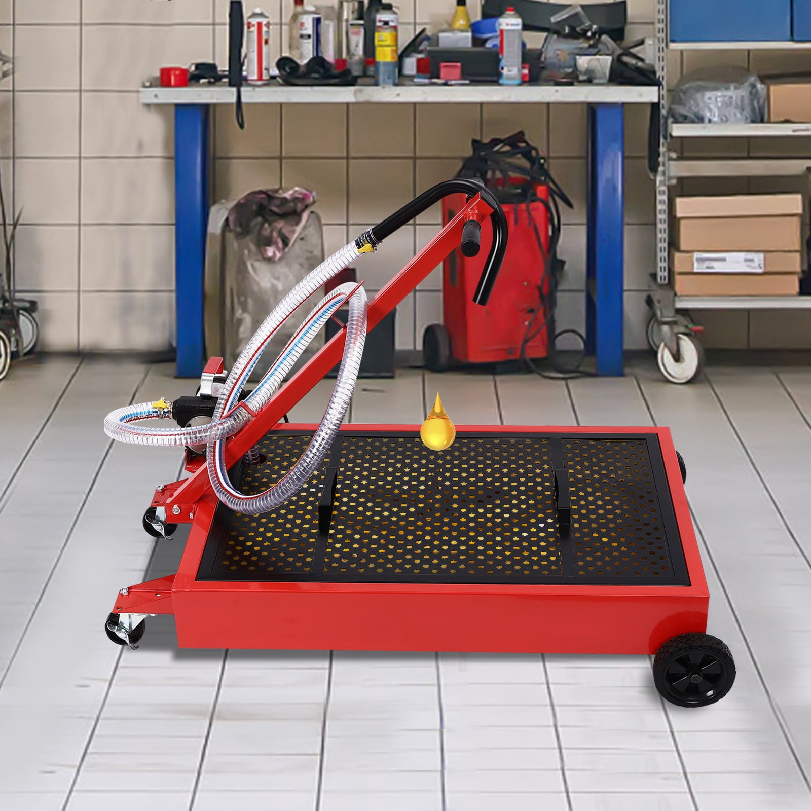 Wildnix Large Capacity Oil Drain Pan with Pump for Efficient Fluid Collection, 64.35L Capacity, High Flow Pump, Easy Mobility for Workshop Use