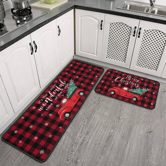 Christmas Red Truck Kitchen Rugs Set 2 Pieces, Non-Skid Floor Mats, Buffalo Plaid Check Merry Christmas Carpets, Xmas Floor Decor, 17"x47" 17"x30"