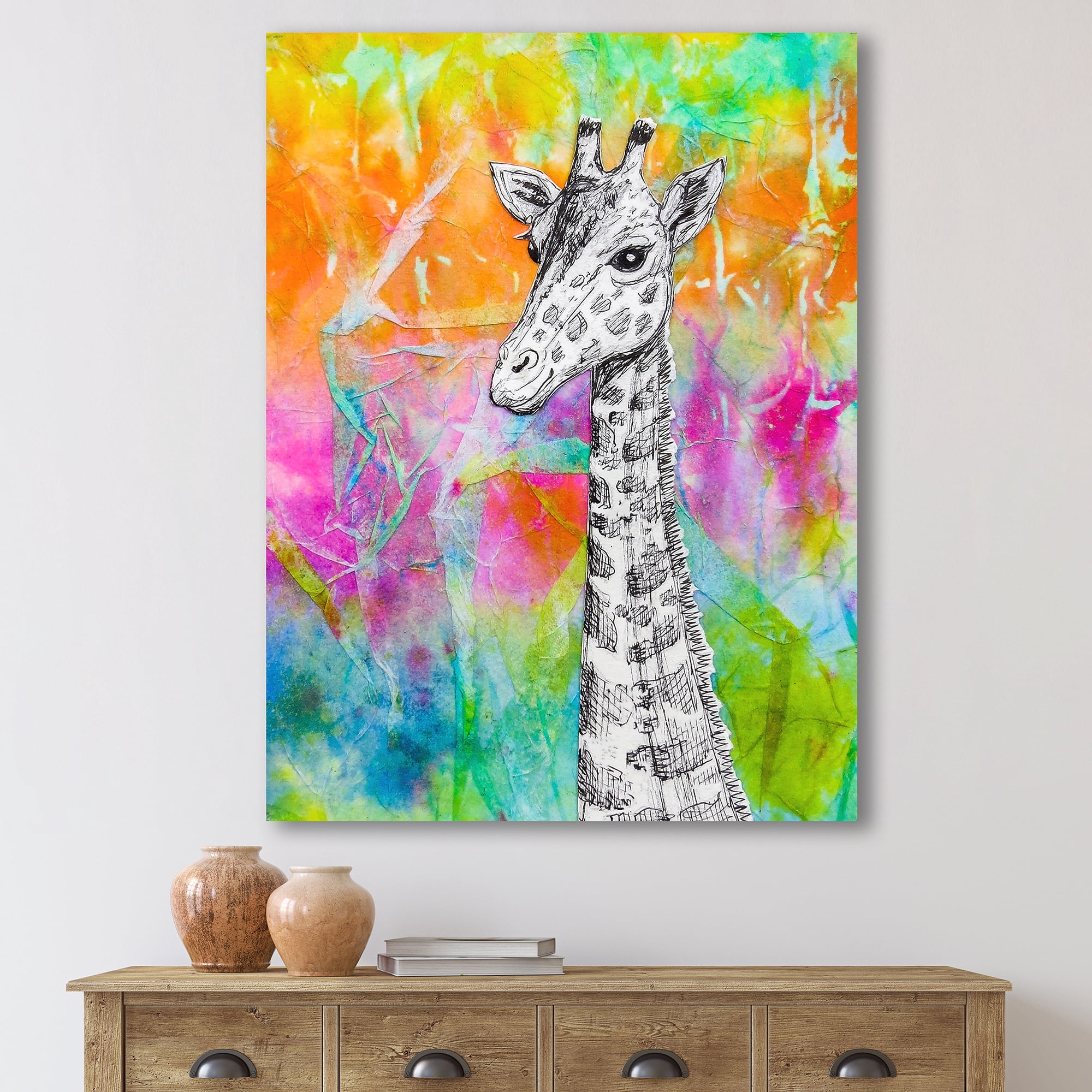 Designart ' Monochrome Giraffe Drawing On Bright Rainbow ' Children's Art Canvas Wall Art Print