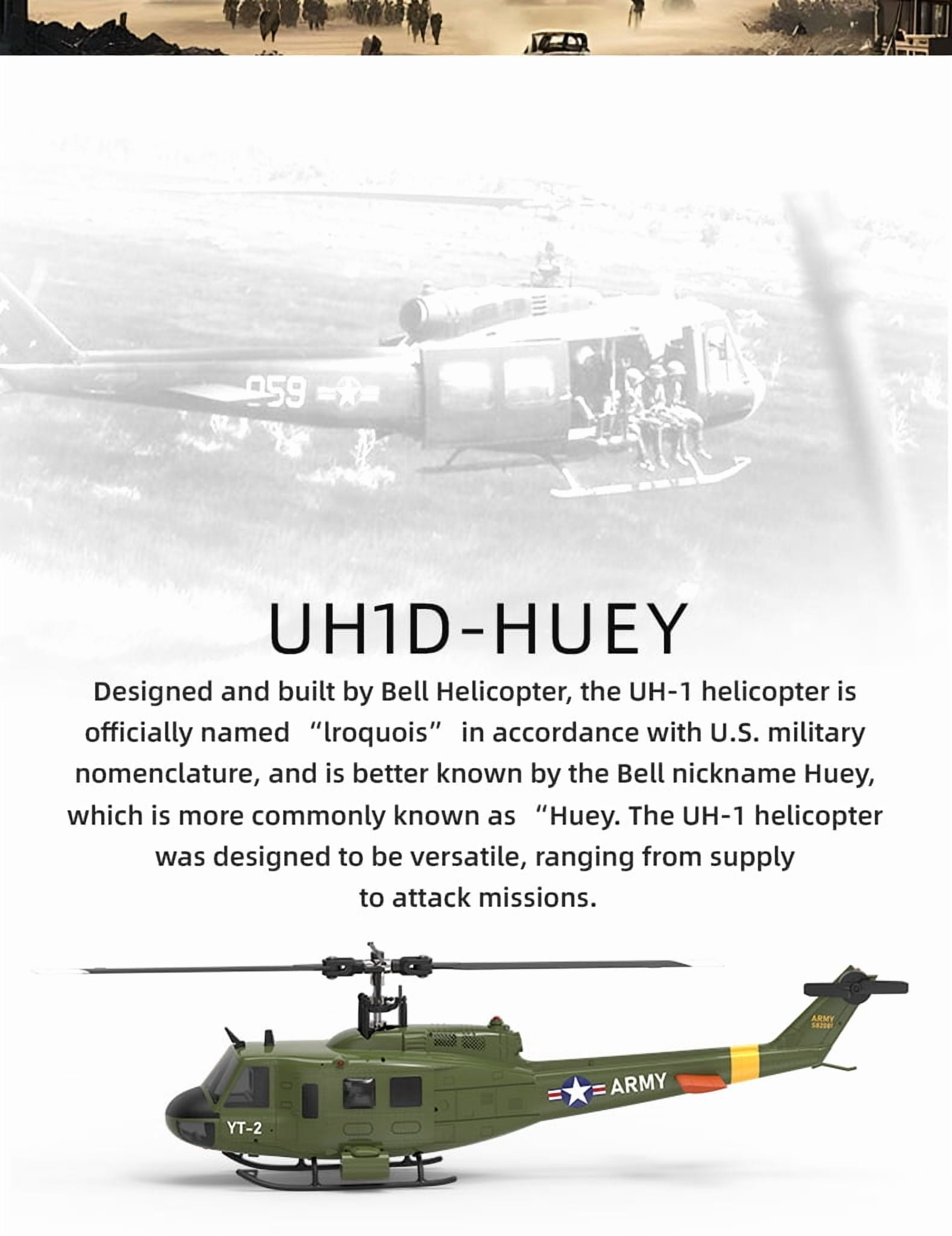 YUXIANG F07 UH-1 Huey 6CH RC Helicopter, 1:34 Scale Brushless Flybarless Helicopter with Optical Flow & Altitude Hold, 2.4GHz Military Aircraft Model Gift for Adults (RTF Version)