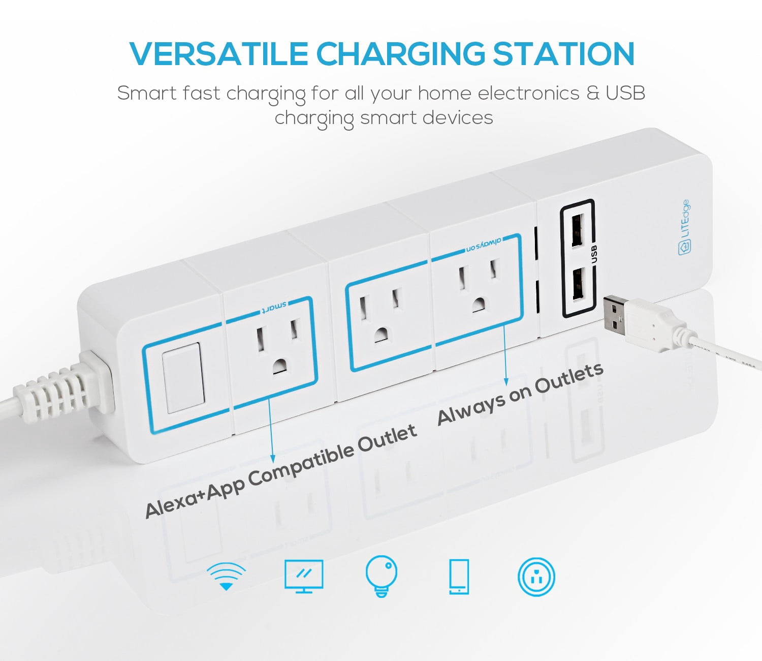Wi-Fi Accessible Smart Power Strip, 3 AC Outlets & 2 USB Charging Ports, Surge Protected, 3 AC Outlets & 2 USB Ports, Wireless Distance APP Control, Works with Amazon Alexa, No Hub Needed