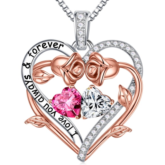 Turandoss Heart Birthstone Necklace for Women 925 Sterling Silver Double Rose Birthstone CZ Trendy Jewelry Mothers Day Birthday Graduation Gifts for Women Wife Her