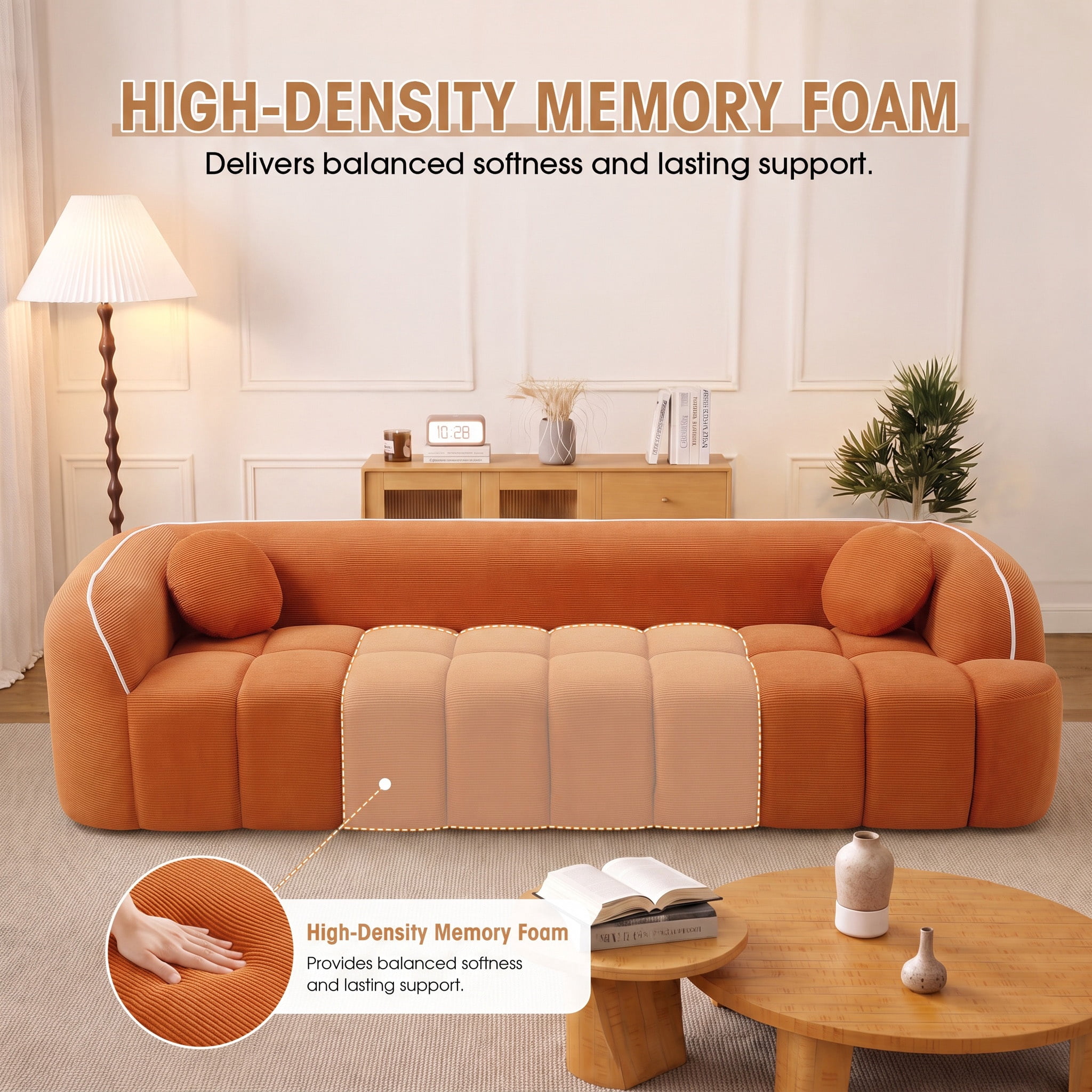 Lunale 98" Curved Bonelessd Sofa, 3-Seater Floor Cloud Couch, No Assembly Required, Modern Corduroy Bubble Sofa for Living Room, Orange
