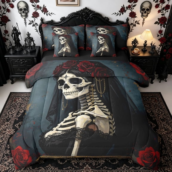 Homewish Black Skeleton Bride Twin Bedding for Kids, Teal Vintage Romantic Rose Bedding Comforter Set, Black Reversible, 7 Pieces