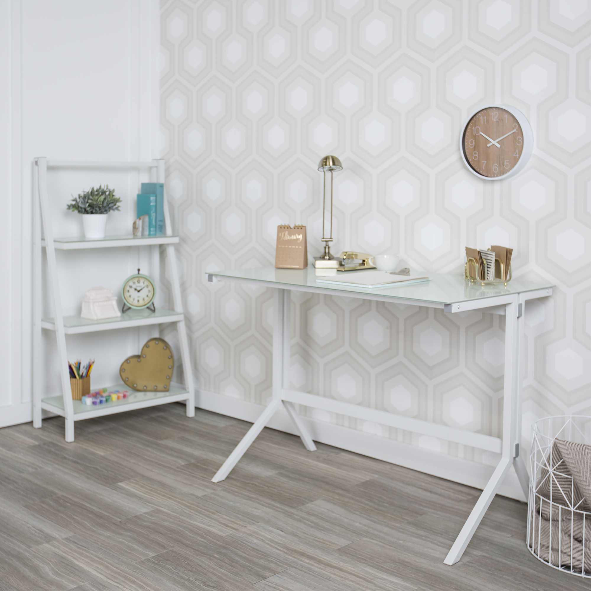 48' Glass and Metal Desk with Matching Shelf Set White