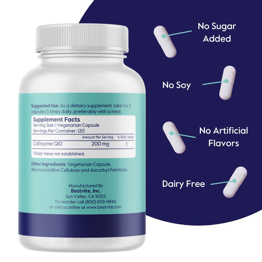 CoQ10 200mg (120 Vegetarian Capsules) Naturally Fermented - No Stearates - Vegan - Gluten Free - Non GMO