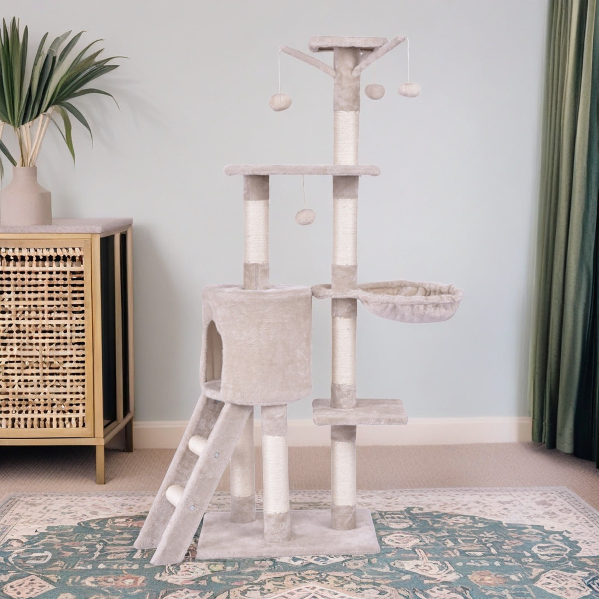 resenkos 56" Cat Tree House for Large Cats, Cat Condo Tower with Ladder Scratching Posts, Jump Platform Cat Play Tree, Beige
