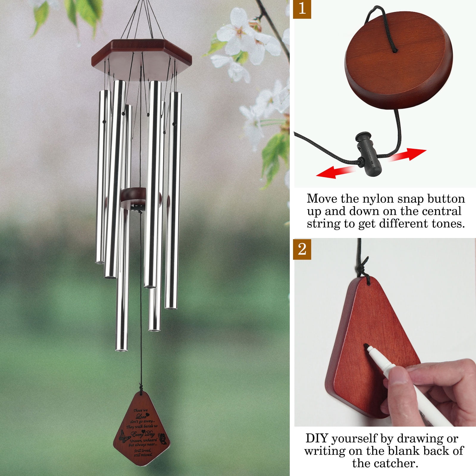 ZOMWOOA Memorial Wind Chimes Outdoor, 32 Inch Large Sympathy Wind Chimes for Loss of a Loved One, Bereavement/Memorial Gift/Sympathy Gift in Memory of Loved One Condolence Remembrance（Silver）