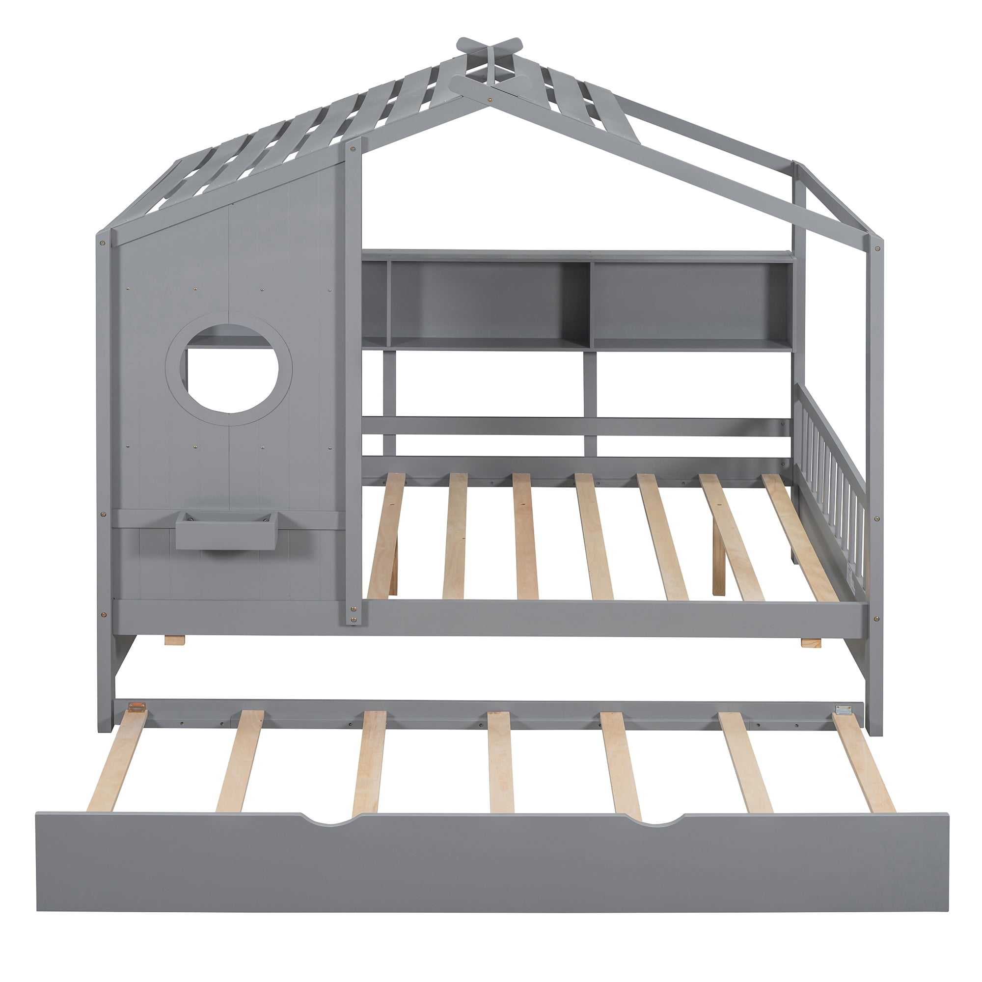 Harper & Bright Designs Wooden Full Size House Bed Frame with Trundle and Storage Shelves, House-Shaped Beds with Roof and Window Design for Girls Boys Bedroom, Gray