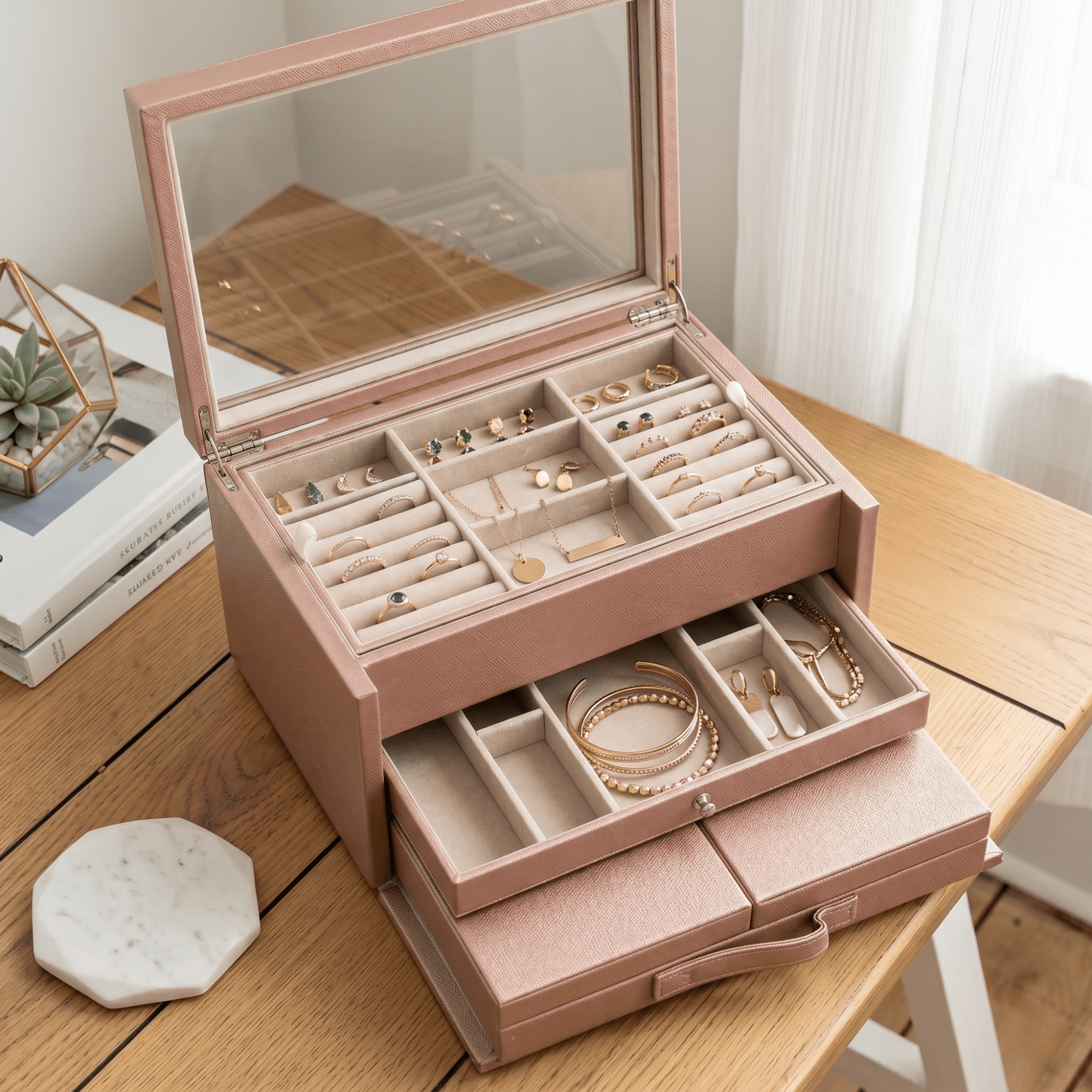 Hives and Honey Blush Table Top Wood Jewelry Storage Chest for Women