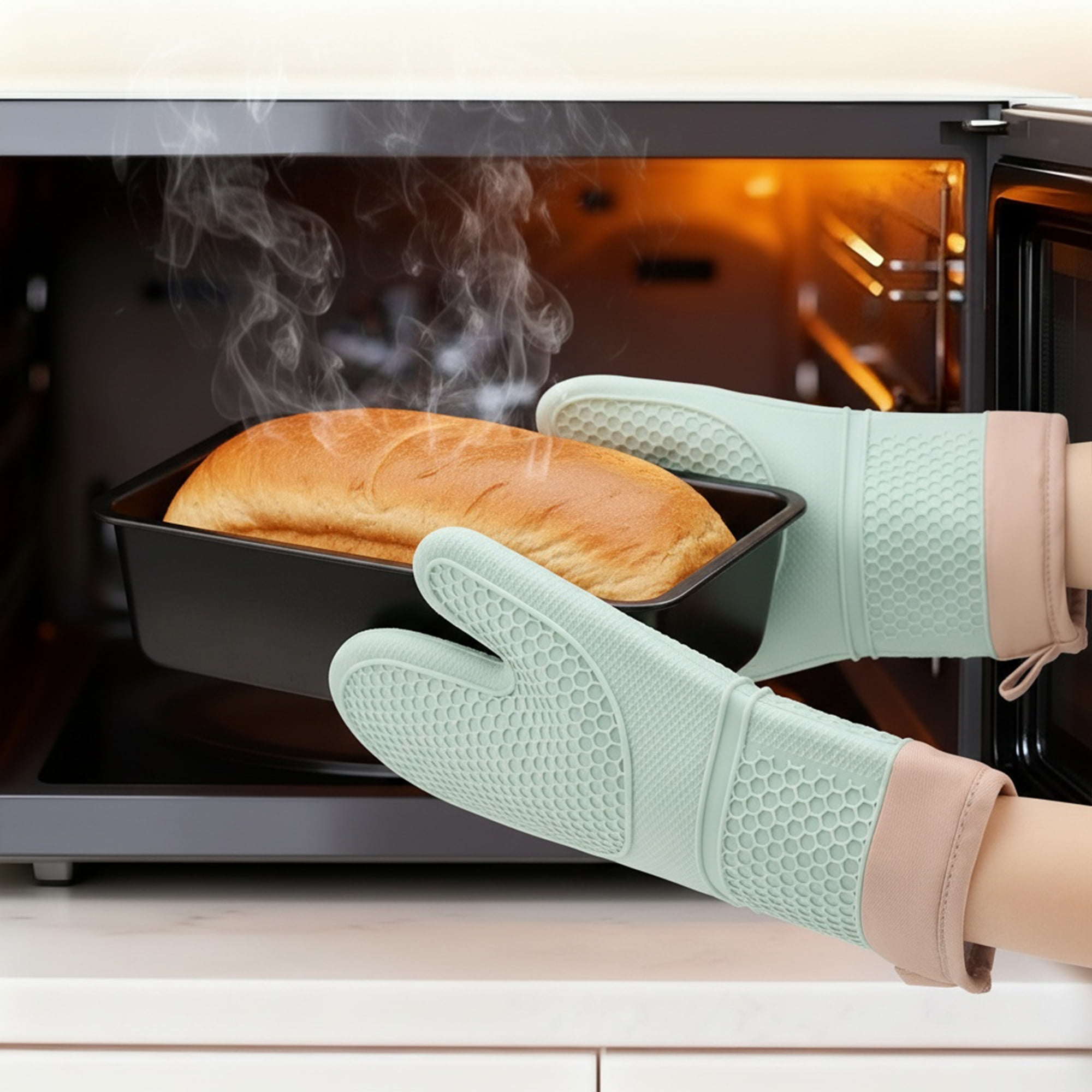 Unique Bargains Heat Resistant Soft Silicone Oven Mitts Set of 2 Mint Green 13x7.5 Inch