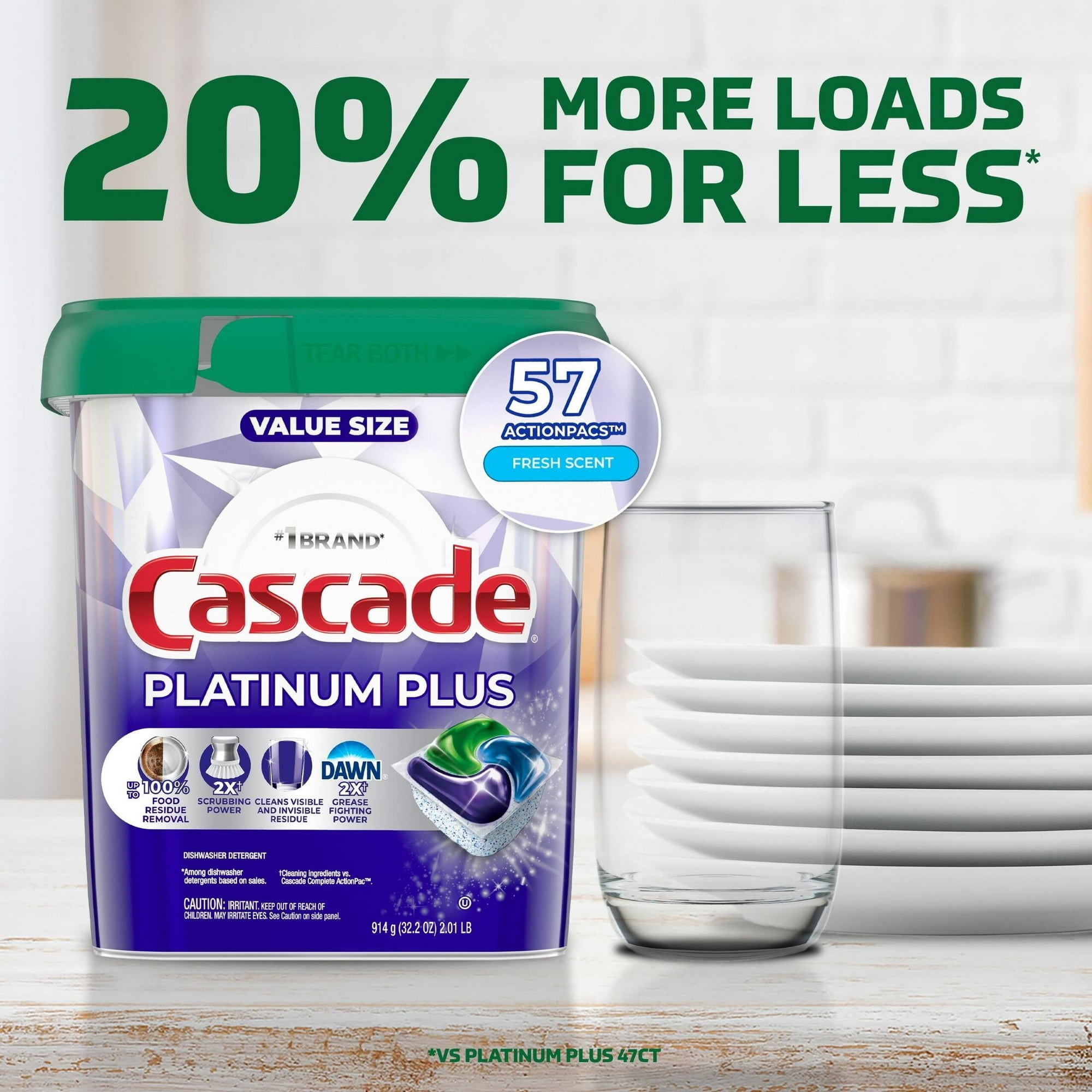 Cascade Platinum Plus Dishwasher Pods, Action Pacs Dishwasher Detergent Tabs, Fresh, 57 Count (Pack of 1)