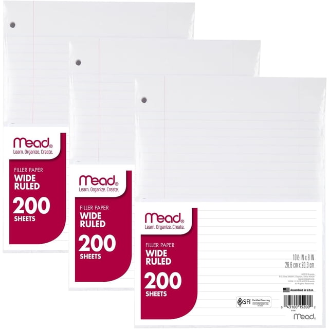 Mead Loose Leaf Paper, Filler Paper, Wide Ruled, 200 Sheets, 10-1/2" x 8", 3 Hole Punched, 3 Pack (73183) Mead NA
