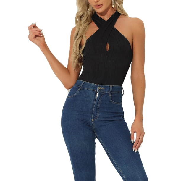 MONOS CHIC INSPIRE para mujer, top sin mangas con escote en V halter XS Negro
