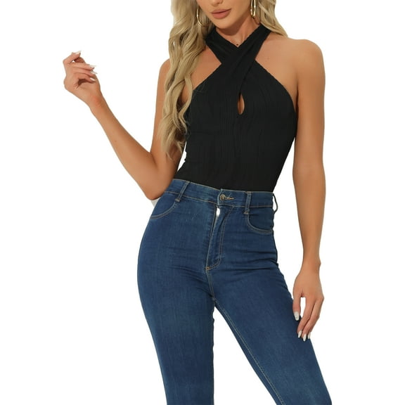 INSPIRE CHIC Bodysuits for Women's Halter V Neck Sleeveless Top Romper XS Black