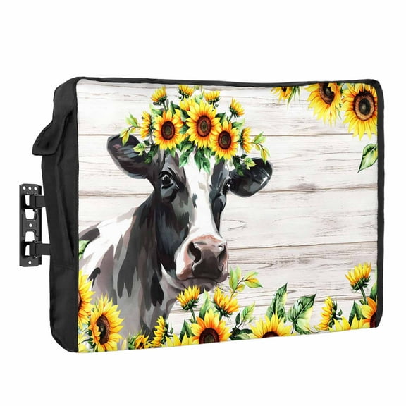 Outdoor TV Cover 36 to 39 Inches, Cow Sunflower Plant Farm Flower White Wood Grain Waterproof and Weatherproof TV Cover with Remote Control Pocket, Flat Screen TV Cover Protector for Outside TV