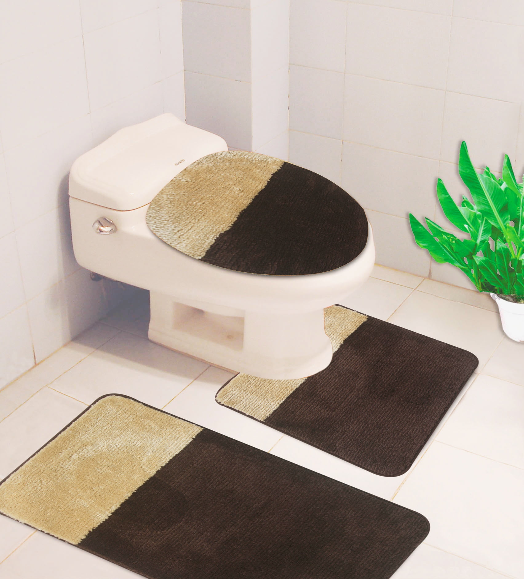 3PC STONE TAUPE Bathroom Rug Set, Banded Bath Mat Rug 18"x 29