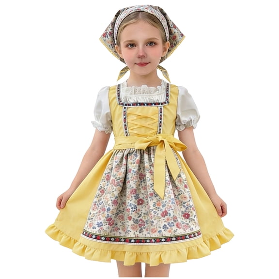 ASEIDFNSA Girls Summer Dirndl Dress with Apron Blouse and Floral Trim for Festival 7-8 Years
