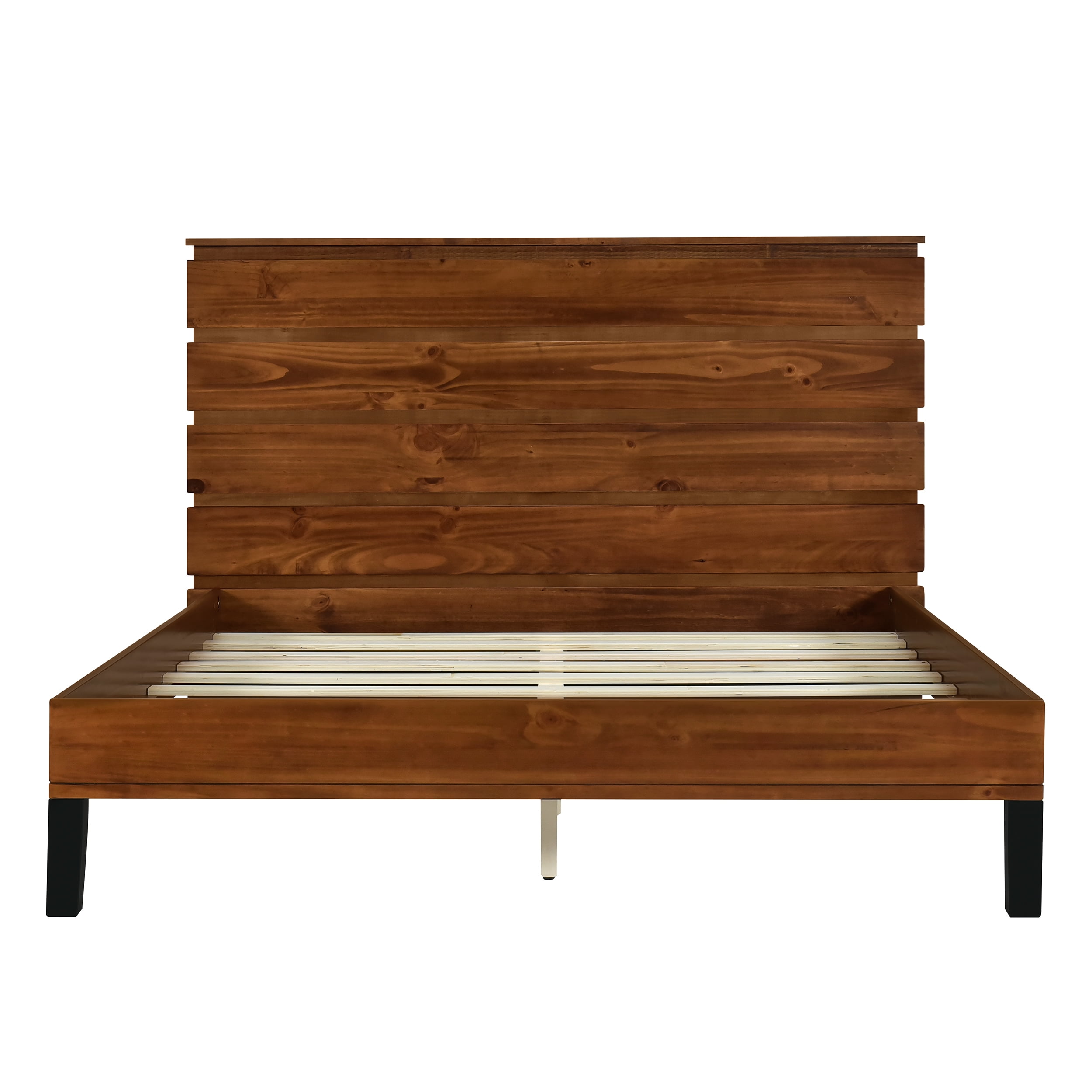 Euroco Wood Bed Queen Platform Bed with Six-Piece Headboard Design for Kids Adults,Brown