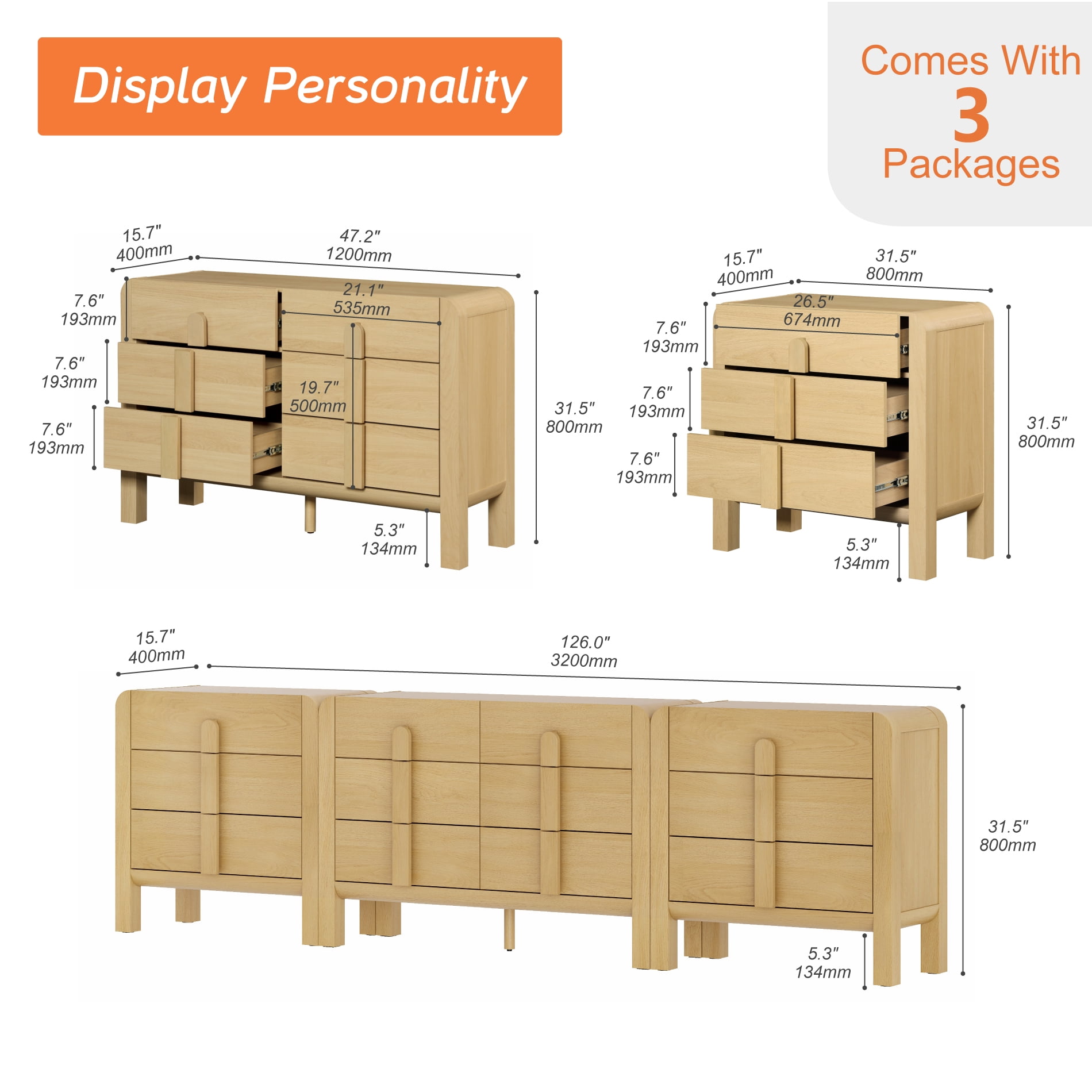 Modern Dresser TV Stand for TVs up to 120 inch, 3-in-1 Mid Century Entertainment Center with Storage, Wood Media Console Table with 12 Drawers for Living Room Bedroom